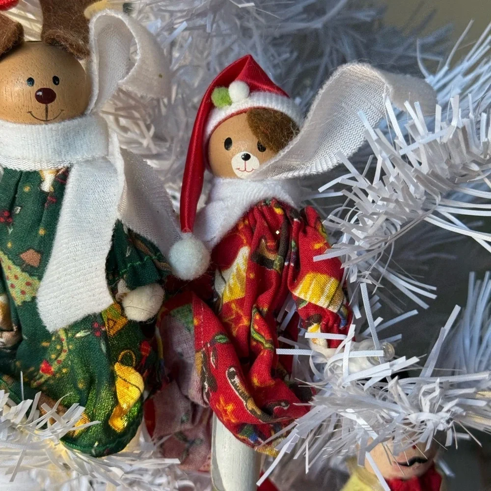 Vintage 1968 Festive Holiday Bear Nutcracker Wood Ornaments Clip Set